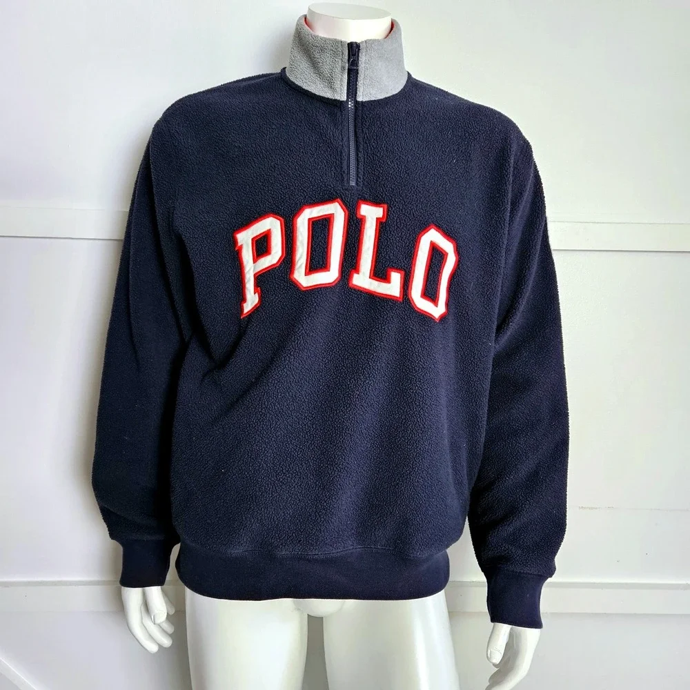 Polo Ralph Lauren Mens Navy Blue Fleece Quarter Zip Pullover USA Flag Patch L